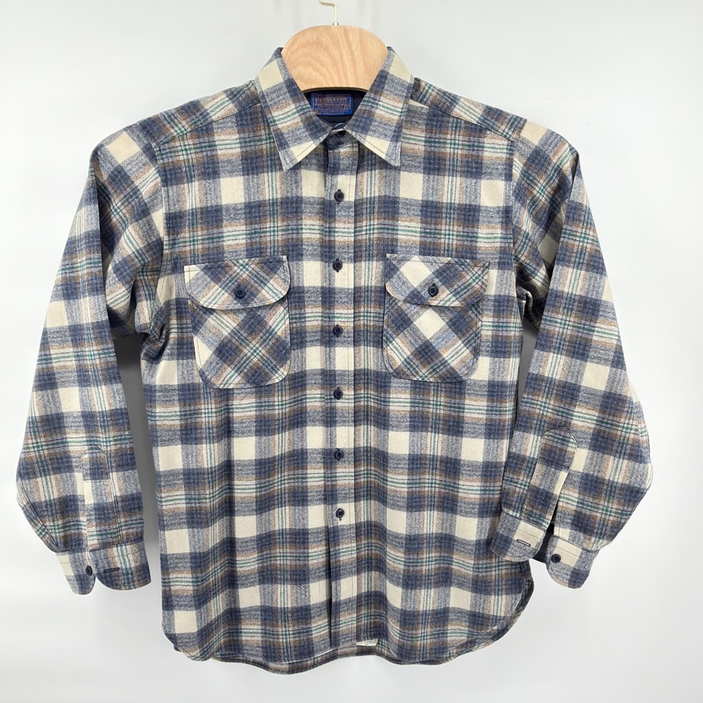 Pendleton Plaid Button Front Shirt Mens L Blue Cream Brown Green Wool USA